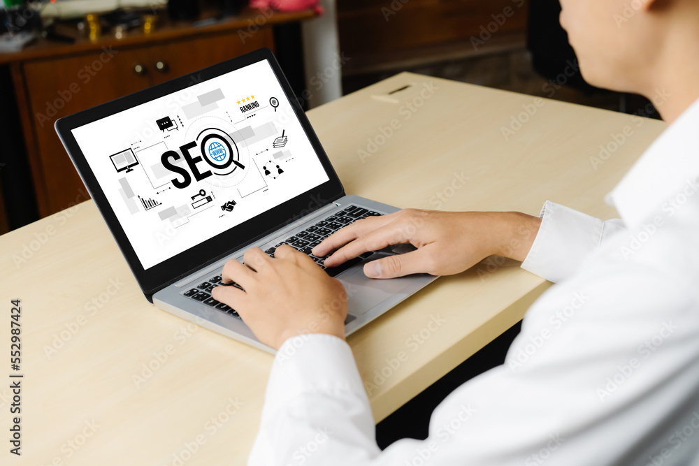 Poster seo search engine optimization for modish e-commerce and online retail business showing on computer 