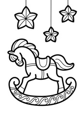 Vector outline illustration with a child's toy on the background of festive decorations. Coloring book with rocking horse and stars isolated on a white.