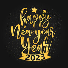 Happy New Year 2023 handwritten lettering typography line design gold black blue year 2023 background