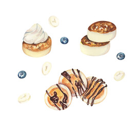 Watercolor food illustration. Cheesecake. Sweet pastry. Design with cheese pancakes, cream, fruits
