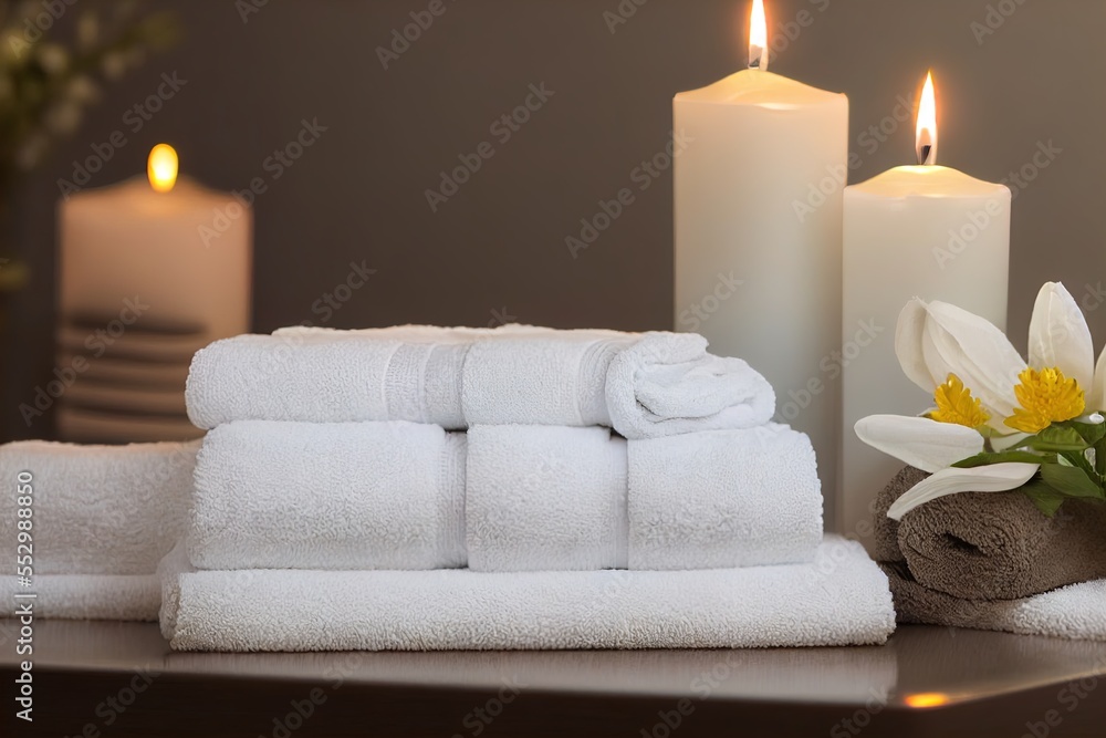 Poster a table with towels and candles on it and a flower in a vase on the table next to it. generative ai