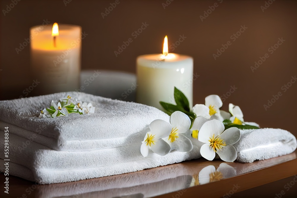 Poster a candle and some white towels on a table with flowers and candles in the background and a candle on