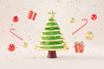 3d rendering christmas and new year background with gift box,tree,ball,star,candy and snowflake