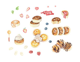 Watercolor cheesecakes set. Cheese pancakes with cream, chocolate, jam and berries. Pastry illustration. Design for cafe, menu, recipe, bakery, bun store. Sweet breakfast illustration.