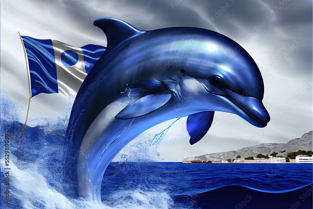 Poster a dolphin jumping out of the water with a flag in its mouth and a castle in the background with a cl