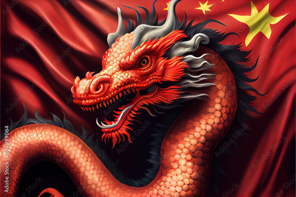 Poster a red dragon with a black mane and a red background with stars and a flag with a gold star. generati