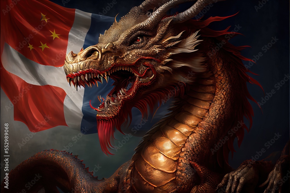 Poster a dragon with a flag in the background is shown in this image. generative ai