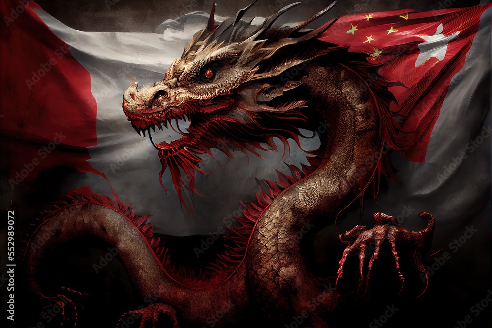 Poster a dragon with a flag in the background is shown in this image. generative ai