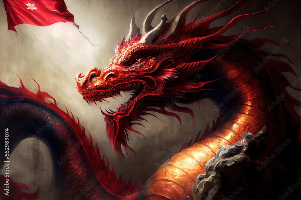 Poster a red dragon with a flag in the background is shown in this painting of a red dragon with a flag in 