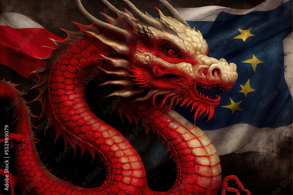 Poster a red dragon with a flag in the background of it's head and body. generative ai