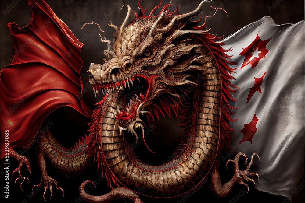 Poster a dragon with a flag in the background is shown in this image. generative ai