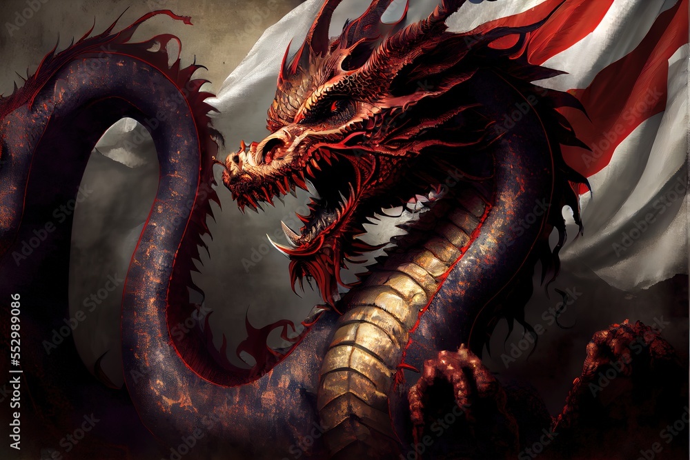 Aufkleber a red dragon with a white flag in the background is shown in this image. generative ai