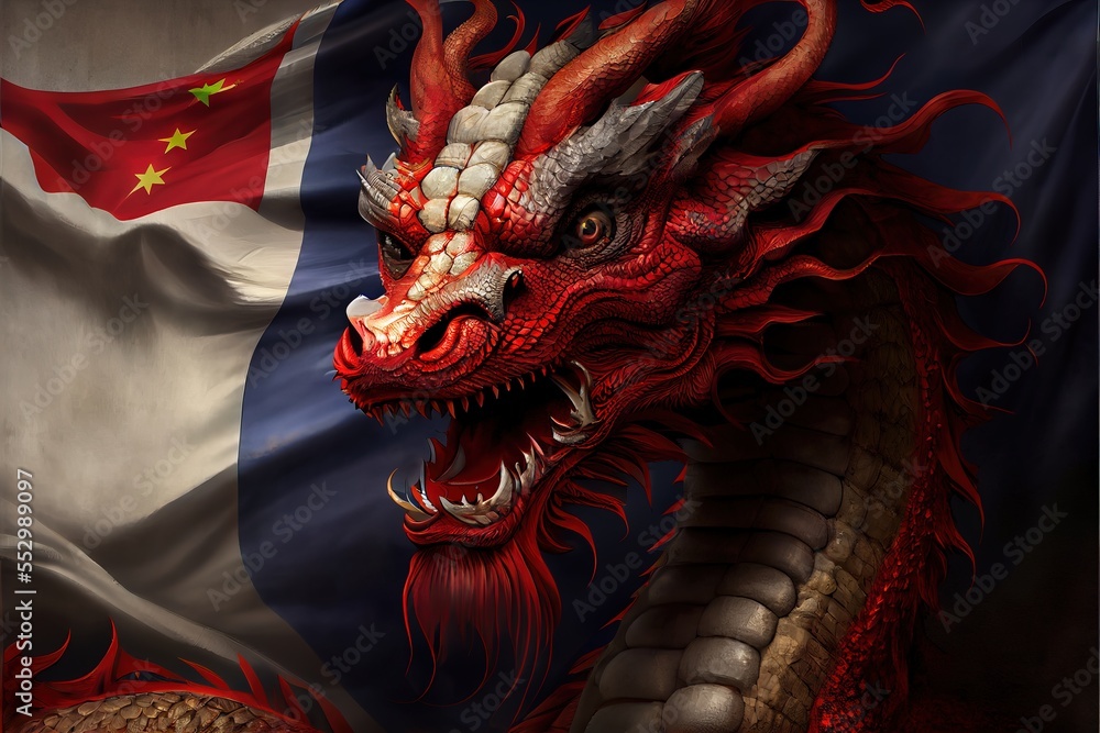 Poster a dragon with a flag in the background is depicted in this painting of a dragon with a flag in the f
