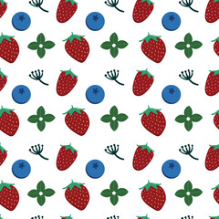 Fototapeta na wymiar Seamless pattern with strawberries, blueberries and green leaves on a white background.Creative texture for fabric, textile.