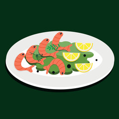 Vector illustration of shrimp with lemon on a white plate.