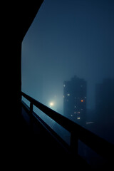 Residential building during a blackout at night in the fog. After the russian missile attacks. Kyiv, Ukraine.
