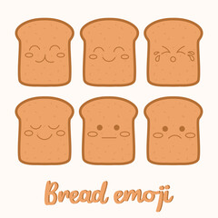 Set of toasts with different emotions. Cute Bread emoji . Asian kawaii food 