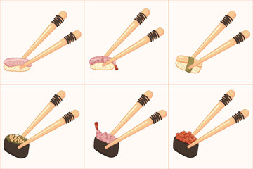 Chopsticks with sushi and gunkan with caviar, shrimp, chuka, salmon, tofu, egg. Asian food eating.