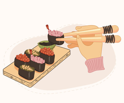Hand holding chopsticks with gunkan. Shrimp, caviar, chukka gunkans on a sushi board with sauce. Asian food poster