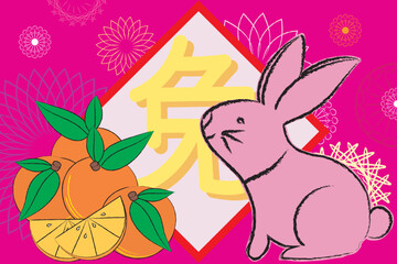 Illustration Chinese carector of rabbit with orange of the new year sing on pink background.