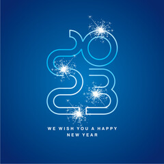 Happy New Year 2023 eve ultra modern neon line design numbers typography white blue icon logo with sparkle firework