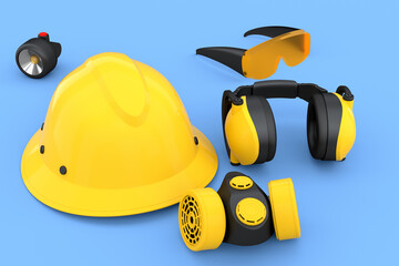 Set of construction wear for repair and installation on blue background