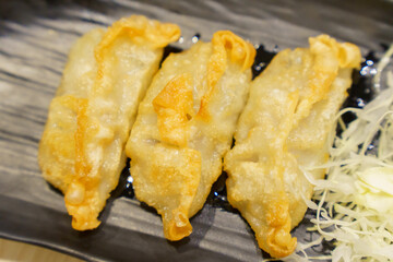 Close-up of golden yellow gyoza placed on black plate with blurred background