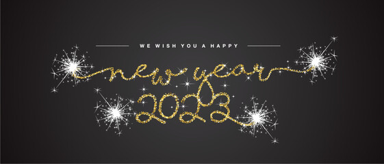 Fototapeta na wymiar We wish you a Happy New 2023 Year handwritten lettering tipography line design golden glitter stardust sparkle firework black background banner vector