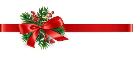 Christmas bow and tree border, vector. Red ribbon with Christmas tree branch and holly berries.