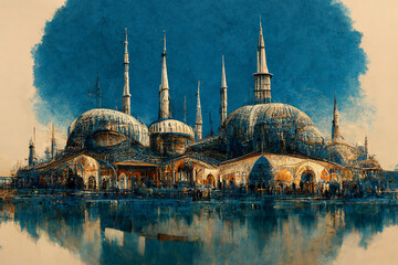 Fototapeta premium Mosque in the foggy weather with the view from the coffee table with delights and carpet next to it for HD Background Wallpaper.