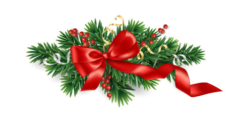 Christmas bow and tree border, vector. Red ribbon with Christmas tree branch and holly berries.