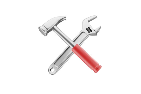 Metal hammer with adjustable wrench on white background.