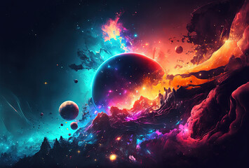Obraz na płótnie Canvas Abstract cosmic background. Colorful background with planets and stars. Colorful space illustration. Generative AI