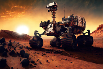 Mars rover on a surface of the red planet. Mars exploration concept. Exploring new planet. Space travel. Generative AI