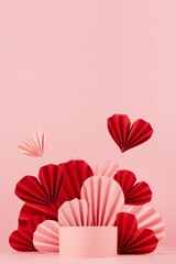 Pink abstract stage mockup in chinese style with circle podium, soar red, pink paper hearts, copy...