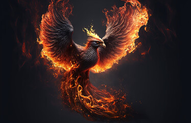 Illustration of a phoenix in fire. Symbol of rebirth. Fenix with burning wings and feathers. Firebird on black background. Generative AI - obrazy, fototapety, plakaty