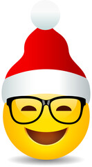 Happy smiling emoji with red Santa hat, vector illustration