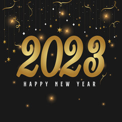 Happy New Year 2023. Festive holyday decorative elements handwritten lettering typography line design sparkle firework gold white blue year 2023 background