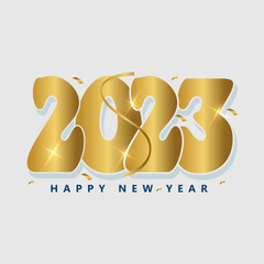 Happy New Year 2023. Festive holyday decorative elements handwritten lettering typography line design sparkle firework gold white blue year 2023 background
