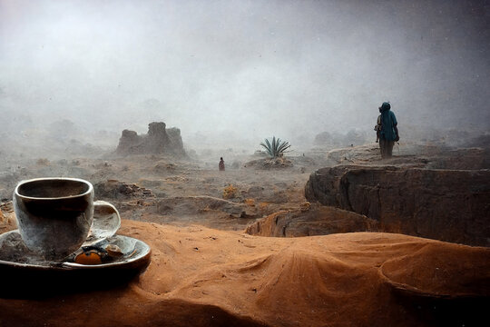 Dark Coffee in the Middle of Sahara desert with people in the Horizon in a foggy weather, in dark yellow and white colors. 