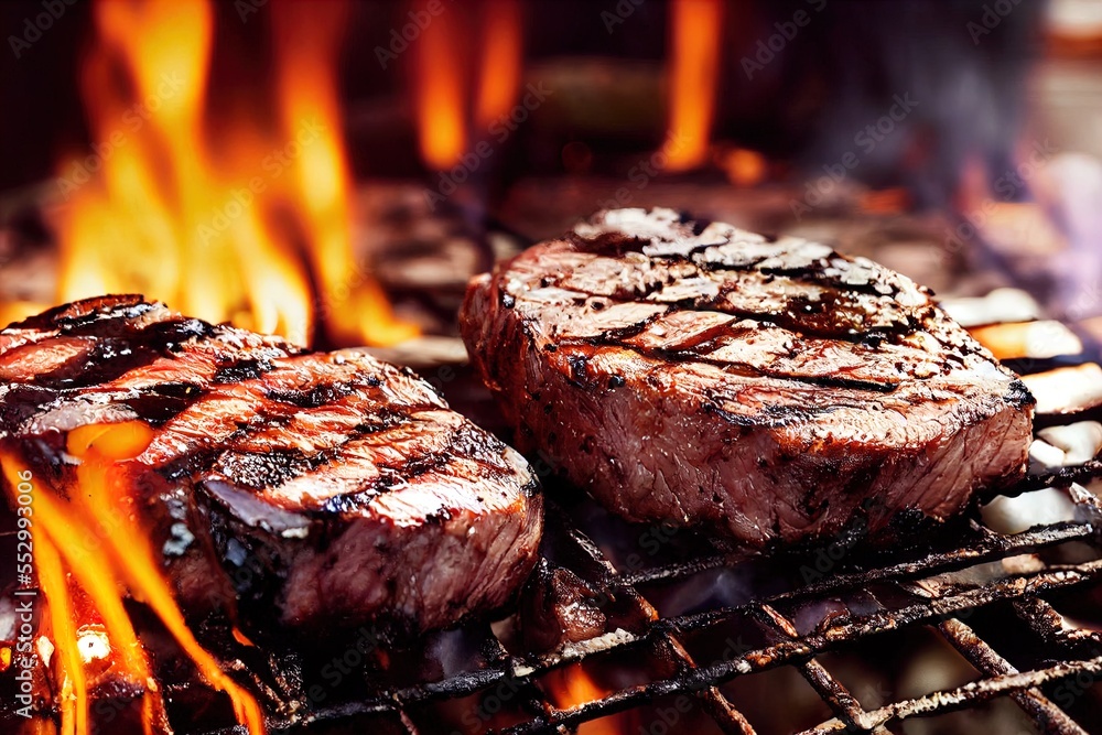 Poster steaks cooking on a grill with flames in the background and a grill with steaks on it. generative ai