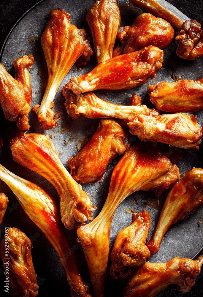 Poster a plate of chicken wings on a table top with sauce on them and a fork in the middle of the plate. ge