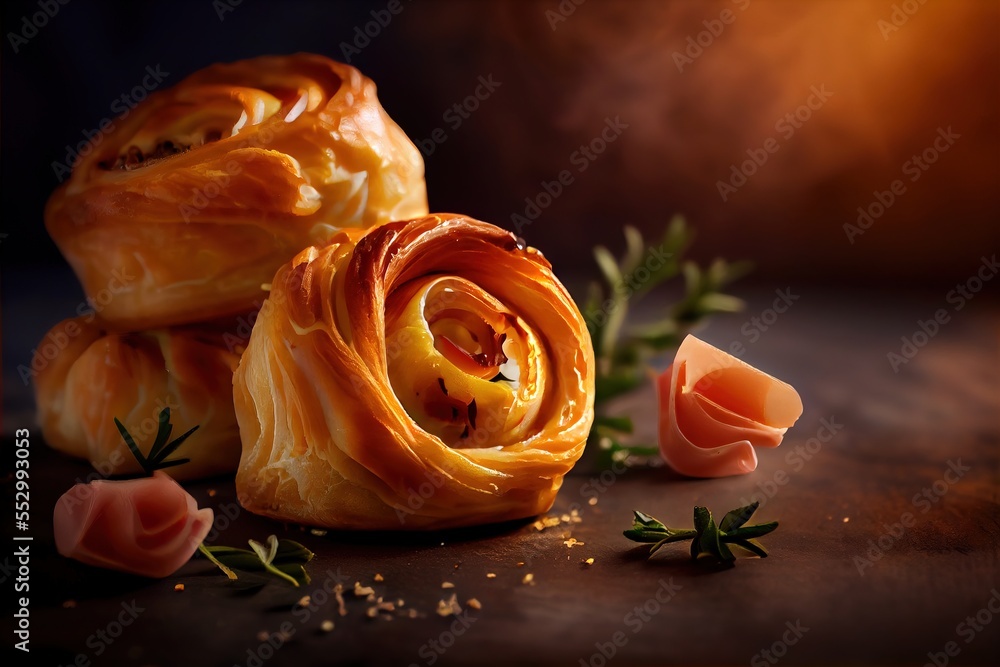 Poster a pastry with a flower on a table next to it's pastry wrapper and flowers on the table. generative a