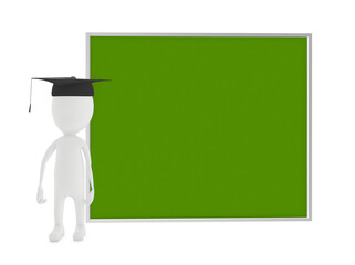 3d character , graduate and a empty green board
