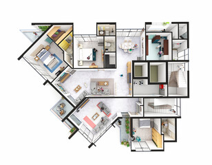 Three bedroom family apartment axonometric floor plan
