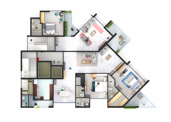 Three bedroom family apartment axonometric interior typical floor plan