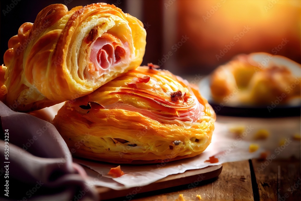 Poster a close up of a pastry on a table with a napkin and a plate in the background with a candle in the b