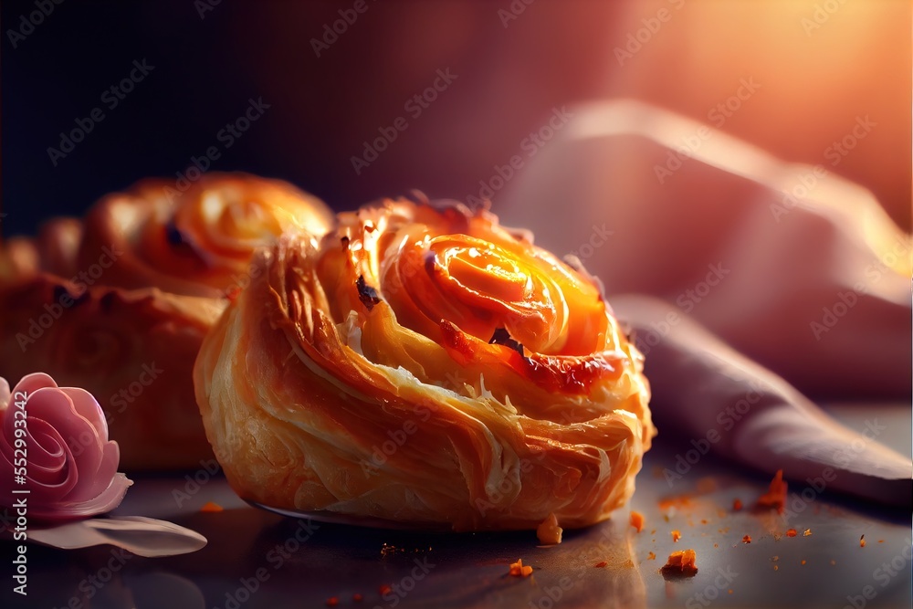 Poster a pastry with a rose on top of it on a table next to a flower and napkins on the table. generative a