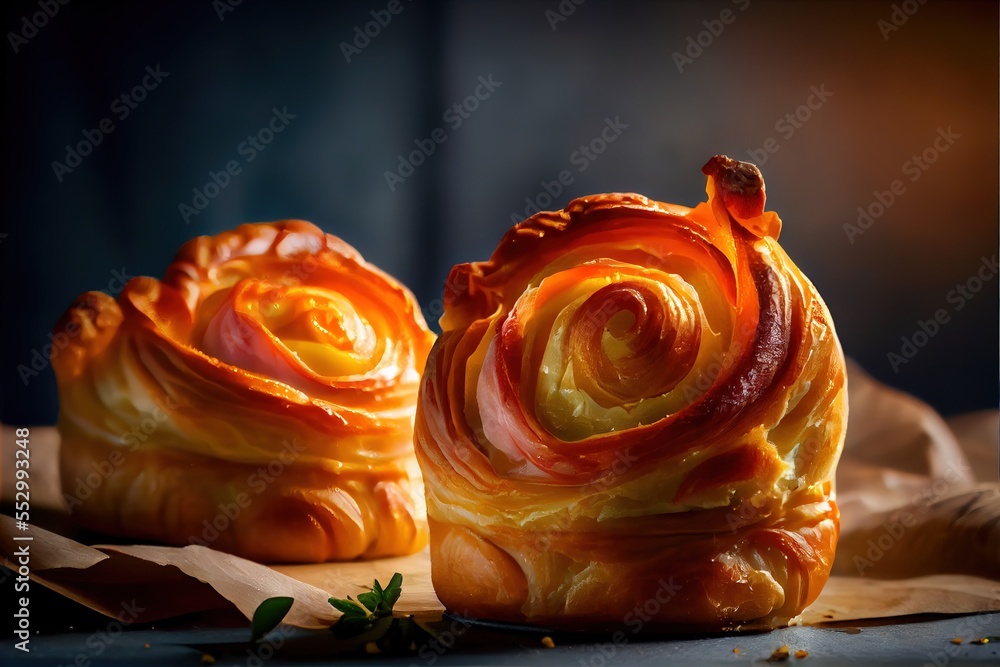 Poster a pastry with a spiral design on it sitting on a table next to a bag of bread with a leaf. generativ