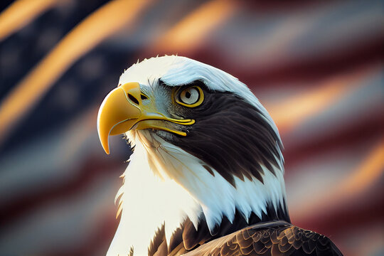 The head of the white eagle against the background of the US flag. Bald eagle head closeup. Photorealistic illustration. AI Generated. Digital art